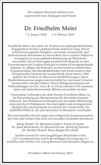 Traueranzeige von Friedhelm Meier von Frankfurter Allgemeine Zeitung
