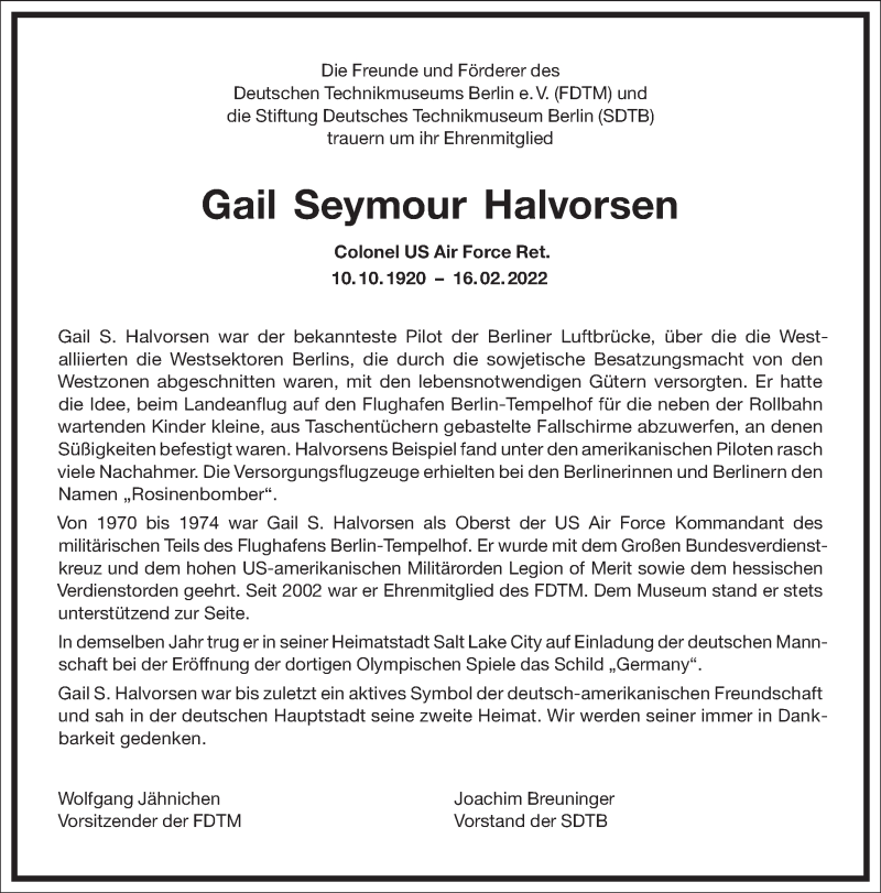  Traueranzeige für Gail Seymour Halvorsen vom 26.02.2022 aus Frankfurter Allgemeine Zeitung