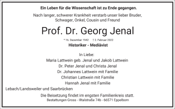 Traueranzeige von Georg Jenal von Frankfurter Allgemeine Zeitung