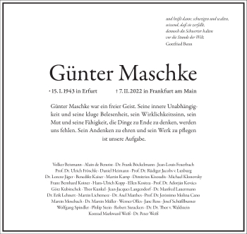 Traueranzeige von Günter Maschke von Frankfurter Allgemeine Zeitung