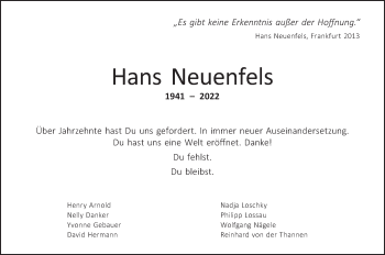 Traueranzeige von Hans Neuenfels von Frankfurter Allgemeine Zeitung