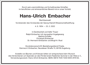 Traueranzeige von Hans-Ulrich Embacher von Frankfurter Allgemeine Zeitung