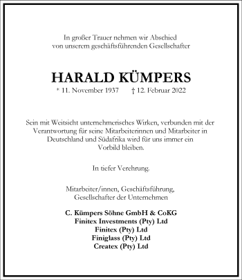 Traueranzeige von Harald Kümpers von Frankfurter Allgemeine Zeitung