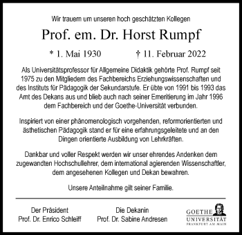 Traueranzeige von Horst Rumpf von Frankfurter Allgemeine Zeitung