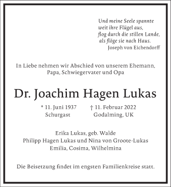 Traueranzeige von Joachim Hagen Lukas von Frankfurter Allgemeine Zeitung