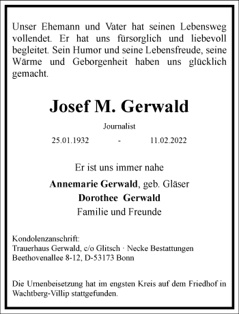 Traueranzeige von Josef M. Gerwald von Frankfurter Allgemeine Zeitung