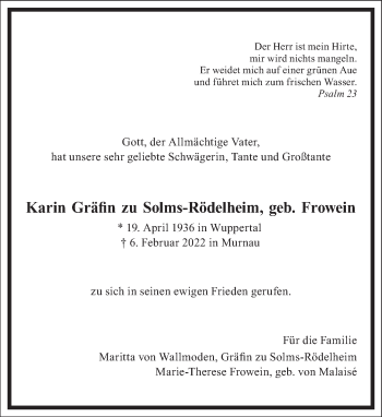 Traueranzeige von Karin Gräfn zu Solms-Rödelheim von Frankfurter Allgemeine Zeitung