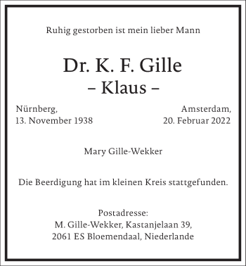 Traueranzeige von Klaus Gille von Frankfurter Allgemeine Zeitung