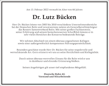 Traueranzeige von Lutz Bücken von Frankfurter Allgemeine Zeitung