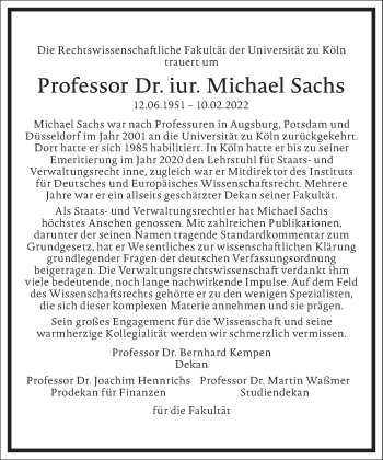 Traueranzeige von Michael Sachs von Frankfurter Allgemeine Zeitung