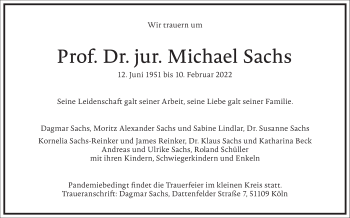 Traueranzeige von Michael Sachs von Frankfurter Allgemeine Zeitung