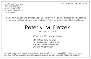 Traueranzeige von Peter K. M. Fietzek von Frankfurter Allgemeine Zeitung