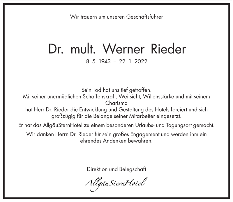  Traueranzeige für Werner Rieder vom 12.02.2022 aus Frankfurter Allgemeine Zeitung