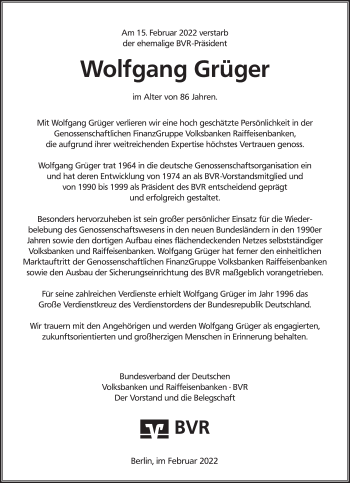 Traueranzeige von Wolfgang Grüger von Frankfurter Allgemeine Zeitung