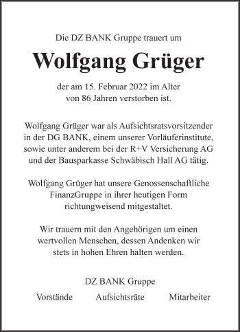 Traueranzeige von Wolfgang Grüger von Frankfurter Allgemeine Zeitung