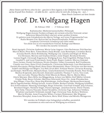 Traueranzeige von Wolfgang Hagen von Frankfurter Allgemeine Zeitung