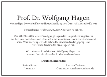 Traueranzeige von Wolfgang Hagen von Frankfurter Allgemeine Zeitung