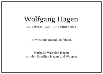 Traueranzeige von Wolfgang Hagen von Frankfurter Allgemeine Zeitung