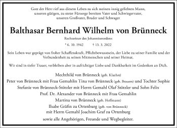 Traueranzeige von Balthasar Bernhard Wilhelm von Brünneck von Frankfurter Allgemeine Zeitung