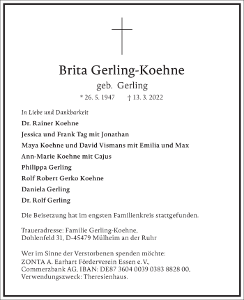 Traueranzeige von Brita Gerling-Koehne von Frankfurter Allgemeine Zeitung