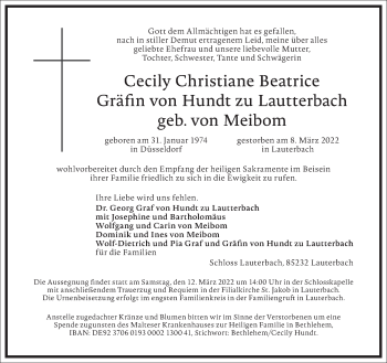 Traueranzeige von Cecily Christiane Beatrice Gräfn von Hundt zu Lautterbach von Frankfurter Allgemeine Zeitung