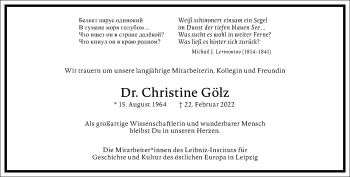 Traueranzeige von Christine Gölz von Frankfurter Allgemeine Zeitung