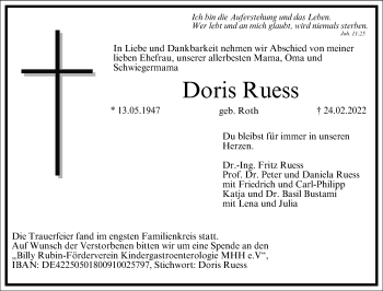 Traueranzeige von Doris Ruess von Frankfurter Allgemeine Zeitung