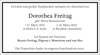 Traueranzeige von Dorothea Freitag von Frankfurter Allgemeine Zeitung