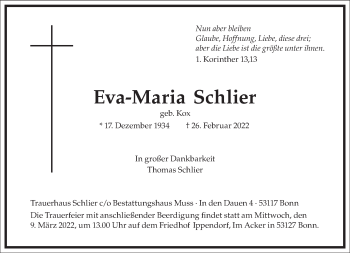 Traueranzeige von Eva-Maria Schlier von Frankfurter Allgemeine Zeitung