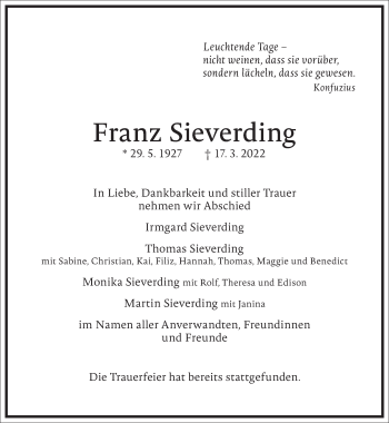 Traueranzeige von Franz Sieverding von Frankfurter Allgemeine Zeitung