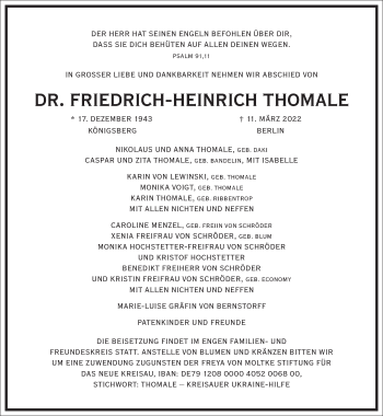 Traueranzeige von Friedrich-Heinrich Thomale von Frankfurter Allgemeine Zeitung