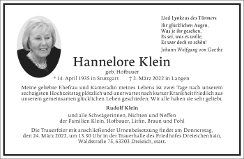 Traueranzeige von Hannelore Klein von Frankfurter Allgemeine Zeitung