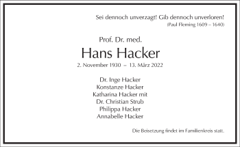 Traueranzeige von Hans Hacker von Frankfurter Allgemeine Zeitung