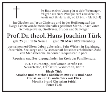 Traueranzeige von Hans Joachim Türk von Frankfurter Allgemeine Zeitung