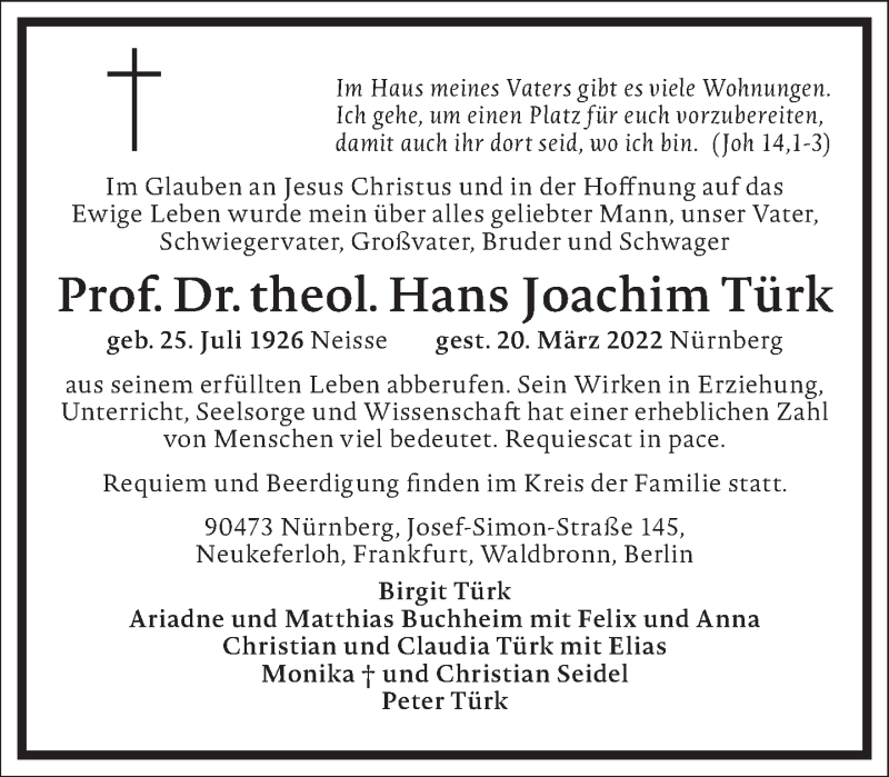  Traueranzeige für Hans Joachim Türk vom 26.03.2022 aus Frankfurter Allgemeine Zeitung