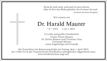 Traueranzeige von Harald Maurer von Frankfurter Allgemeine Zeitung