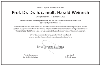 Traueranzeige von Harald Weinrich von Frankfurter Allgemeine Zeitung