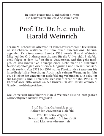 Traueranzeige von Harald Weinrich von Frankfurter Allgemeine Zeitung