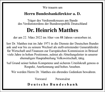 Traueranzeige von Heinrich Matthes von Frankfurter Allgemeine Zeitung