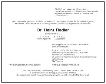 Traueranzeige von Heinz Fiedler von Frankfurter Allgemeine Zeitung