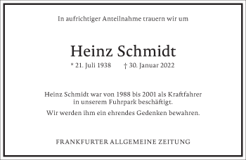 Traueranzeige von Heinz Schmidt von Frankfurter Allgemeine Zeitung