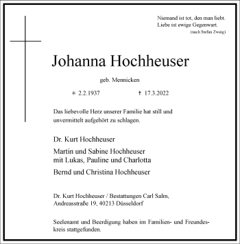 Traueranzeige von Johanna Hochheuser von Frankfurter Allgemeine Zeitung