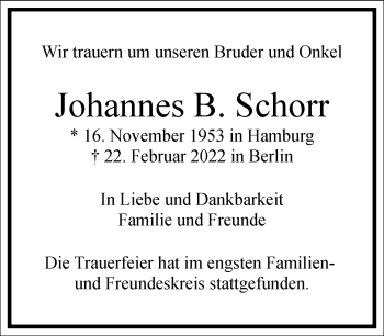 Traueranzeige von Johannes B. Schorr von Frankfurter Allgemeine Zeitung