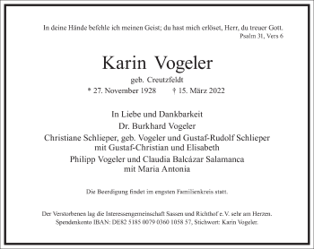 Traueranzeige von Karin Vogeler von Frankfurter Allgemeine Zeitung