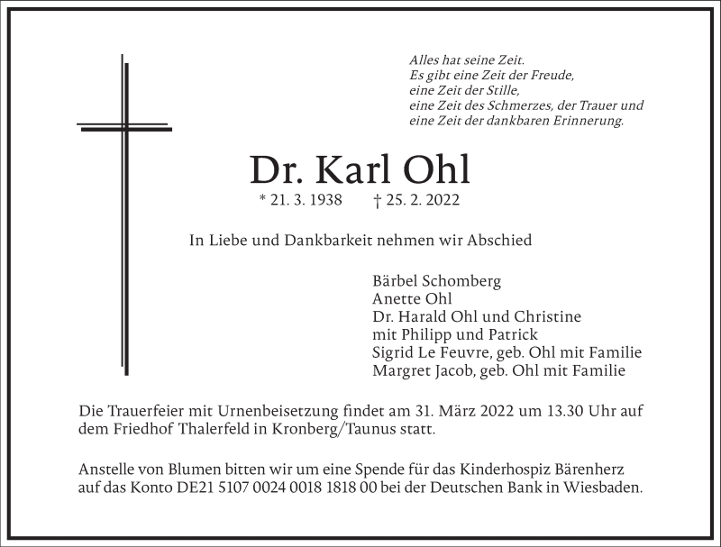  Traueranzeige für Karl Ohl vom 05.03.2022 aus Frankfurter Allgemeine Zeitung