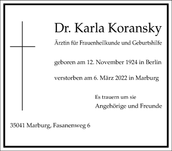 Traueranzeige von Karla Koransky von Frankfurter Allgemeine Zeitung