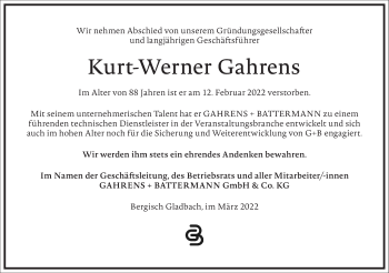 Traueranzeige von Kurt-Werner Gahrens von Frankfurter Allgemeine Zeitung