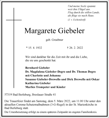 Traueranzeige von Margarete Giebeler von Frankfurter Allgemeine Zeitung