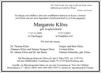 Traueranzeige von Margarete Klöss von Frankfurter Allgemeine Zeitung