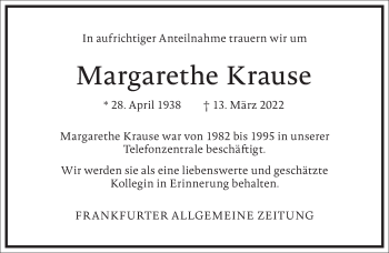 Traueranzeige von Margarethe Krause von Frankfurter Allgemeine Zeitung